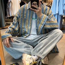 条纹长袖衬衫男休闲潮牌日系港风青少年韩版潮流CS911P40，男装衬衫，星座410-2