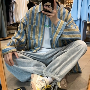 条纹长袖衬衫男休闲潮牌日系港风青少年韩版潮流CS911 P40图片