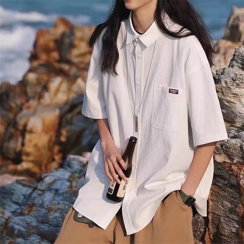 衬衫男短袖夏季日系百搭纯色五分袖衬衣薄款潮流宽松翻领外套,男装T恤,星座506A