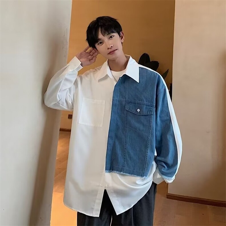 衬衫男韩版潮流牛仔拼接帅2024春秋新款ins宽松百搭外套CY046-P43,男装衬衫,星座412