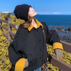 韩版撞色拼接外套女2025年秋冬季新款设计感小众时尚宽松毛呢上衣图片