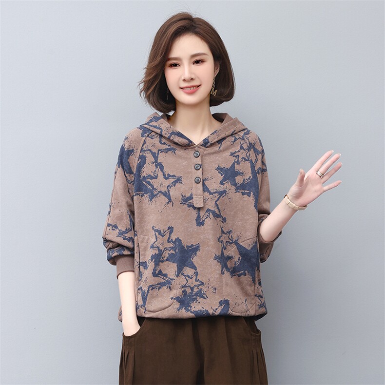 长期现货印花连衣帽卫衣女2025春秋款洋气大码宽松显瘦休闲上衣,女装卫衣/绒衫,涵誉