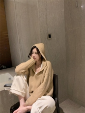 秋冬新款纯色时尚潮流宽松连帽针织衫女，女装针织衫/毛衣，特麦惠羊绒