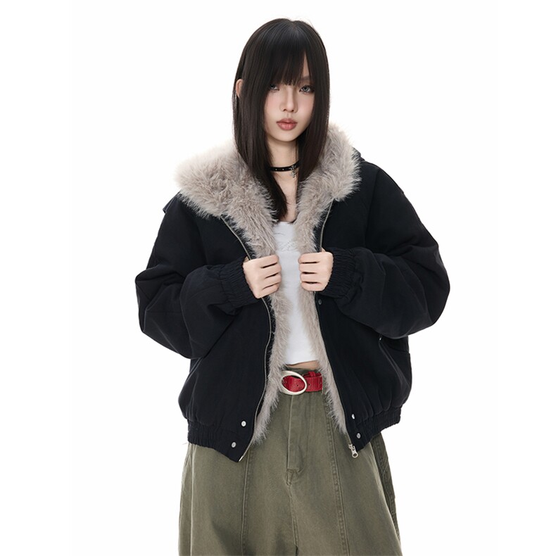 美式复古座山雕连帽毛领棉服冬季加厚夹克外套男女同款YD01-P140图片