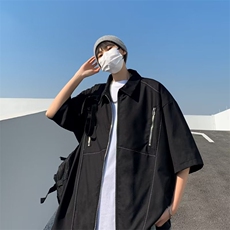 美式复古痞帅短袖衬衫男春夏设计感小众拉链五分袖上衣~C020-p38，男装衬衫，星座601-2