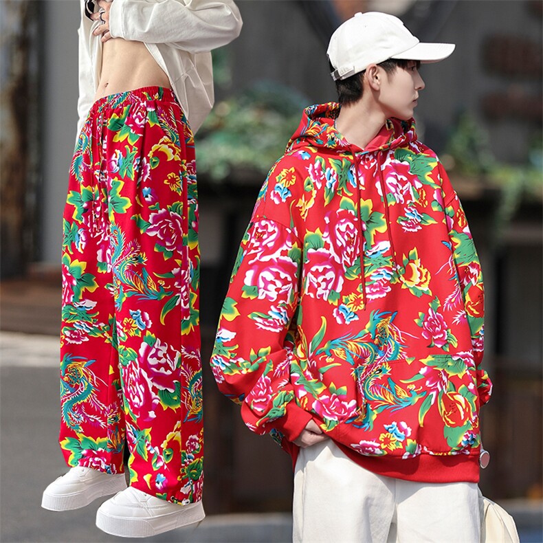 TZ205东北大花连帽卫衣裤子套装新中式汉服男女大码团队表演出潮，男装休闲套装，星座115A(原星座507）