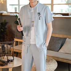 夏季套装男士开衫两件套风复古唐装名族风T恤A334-TZ009-P65，男装民族服装，电商B339(原A334）