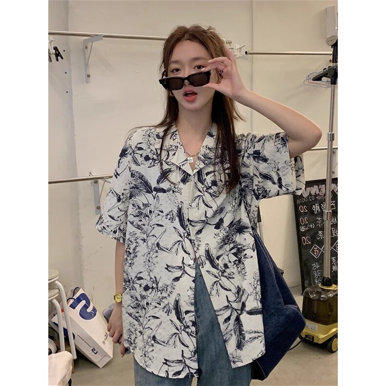 新中式水墨印花衬衫夏季女小个子宽松短袖复古港风碎花设计感上衣图片