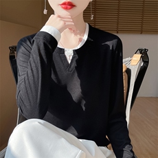 长袖针织打底衫女新薄款宽松上衣POLO领，女装针织衫/毛衣，绒宛羊绒