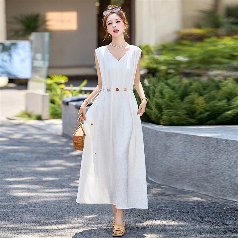 欧洲站2026春季新款法式度假风V领修身收腰无袖气质亚麻连衣裙女，女装连衣裙，衣之秀