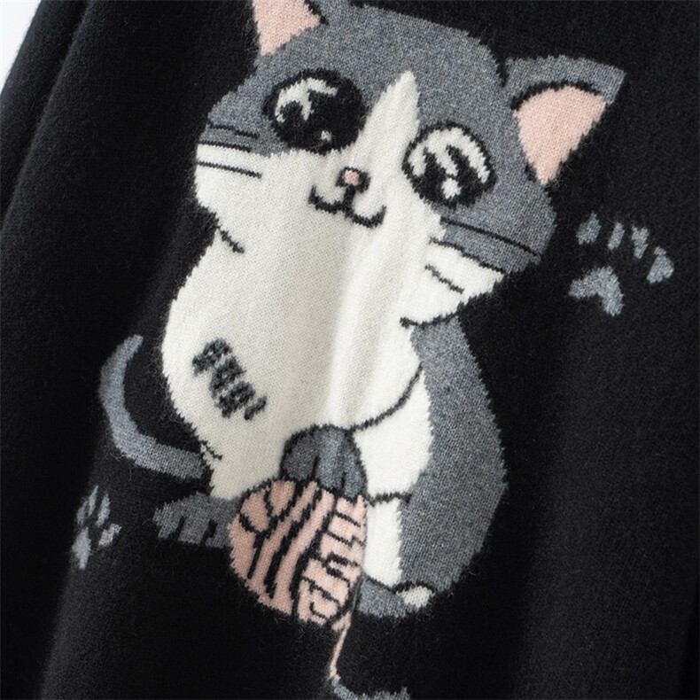 卡通可爱猫咪山羊绒衫女圆领加厚宽松毛衣2025秋冬新款针织衫黑色,针织衫/毛衣,艾森羊绒