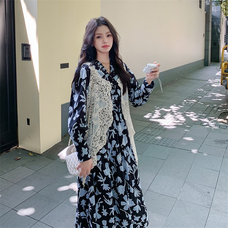 法式镂空蕾丝马甲套装裙女2025秋季新款气质超好看印花长裙两件套,女装连衣裙,2C123