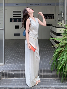 简约老钱风重工刺绣马甲阔腿裤套装女2026夏季显瘦超好看一整套图片