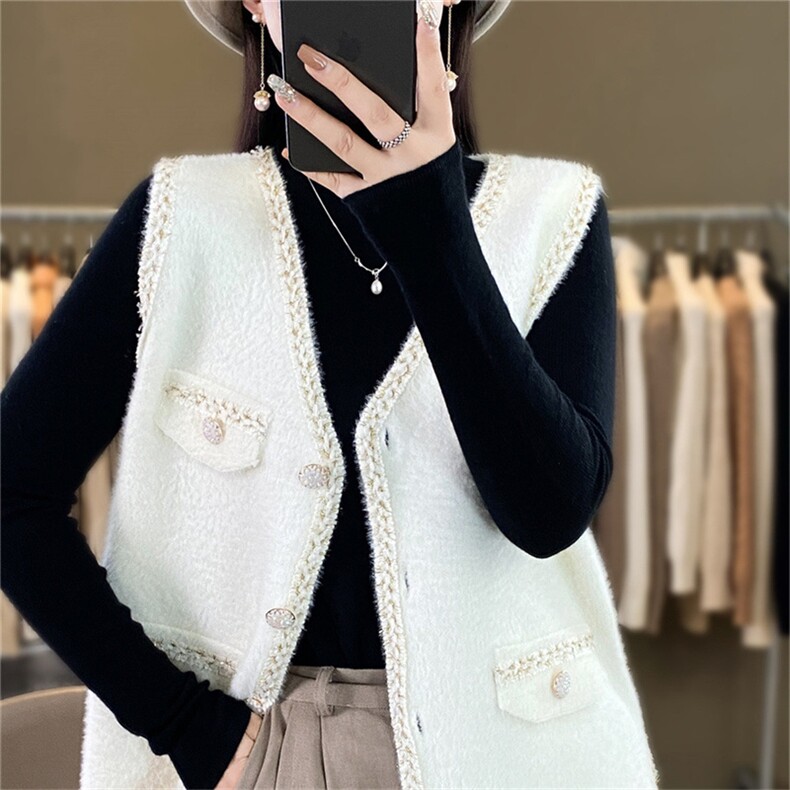时尚女装水貂绒马甲外套优雅显瘦无袖背心冬季保暖百搭单品，女装马甲，暖姿羊绒