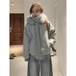 1506/QA5050/P86美式复古潮流毛领连帽棉衣男女,白衬衫宽松搭配裤子图片