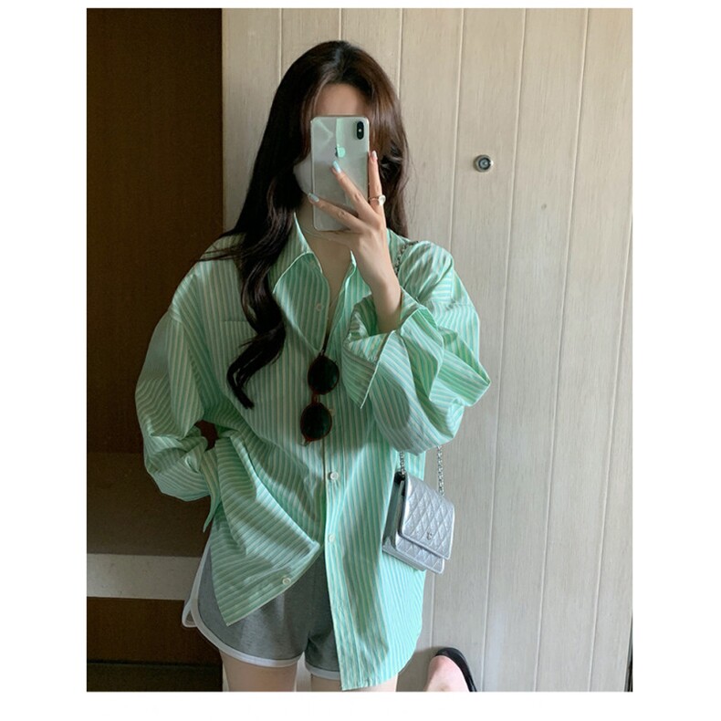 TC770-P45盐系甜美休闲少女穿搭绿色长袖条纹衬衫女宽松上衣,男装衬衫,星座617A-2