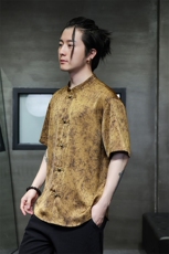 新款风立领醋酸绸缎烫金印花改良茶禅汉服新中式衬衫31225，男装衬衫，星座305A（原312A-1）