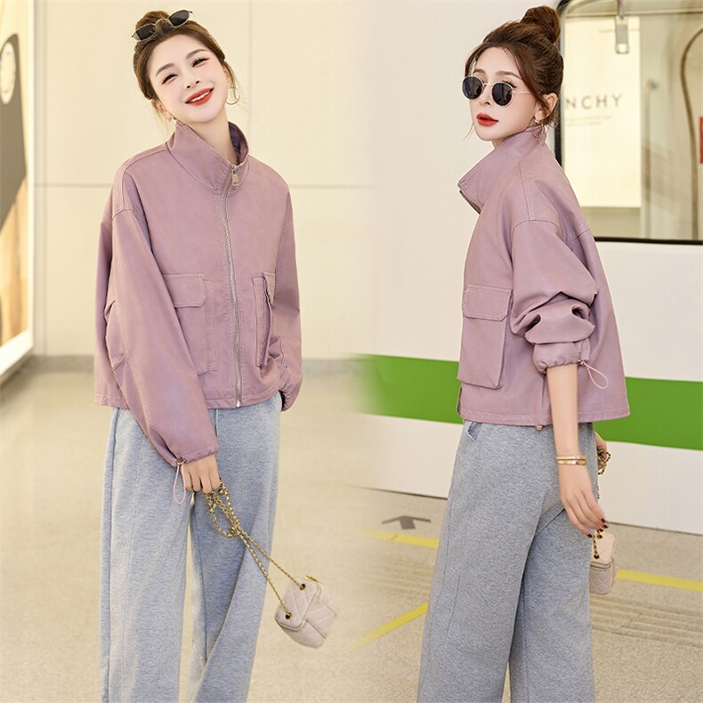 立领外套春秋小个子休闲宽松百搭机车夹克上衣春季中国2025，女装皮衣，潮流依族