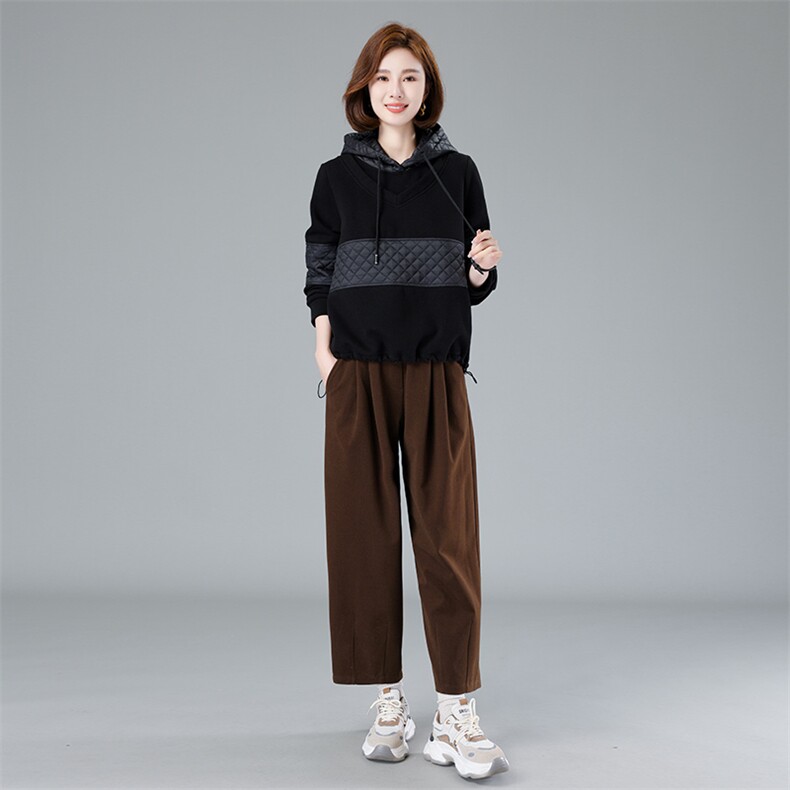 现货2023秋冬新款休闲时尚简约连帽拼接加绒卫衣套装两件套,女装套装/套裙,深水步