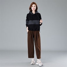 现货2023秋冬新款休闲时尚简约连帽拼接加绒卫衣套装两件套，女装套装/套裙，深水步