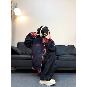 美式小众格子拼接假两件外套男女春季复古工装飞行员夹克棒球服潮图片