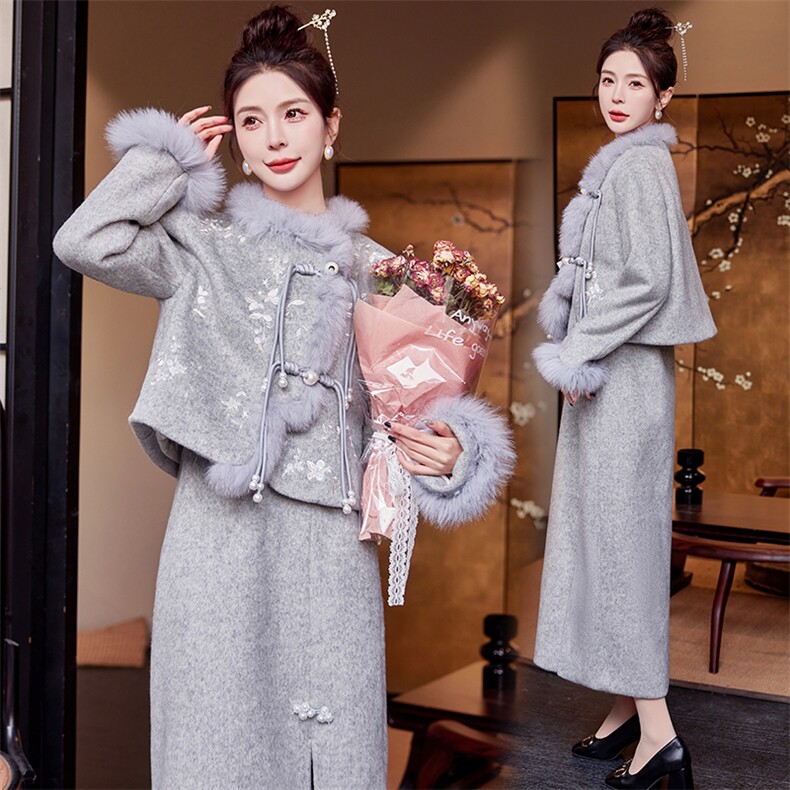 芷墨复古新中式羽绒内胆狐狸毛套装富家千金高级感显瘦显高冬装女，女装套装/套裙，芷墨服饰