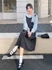 2026春装新款气质假两件收腰显瘦学院风连衣裙女送皮带，女装连衣裙，时尚风爆