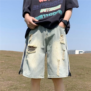五分牛仔短裤男士宽松直筒青少年夏季薄款中裤潮流休闲运动短裤图片