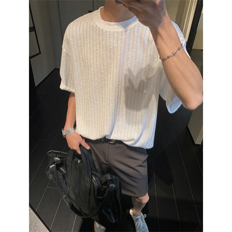 镂空坑条短袖T恤X7118-TP2039针织透气肌理感防晒慵懒t恤，男装T恤，电商A102