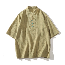 新中式半袖落肩立领透气日常吸汗百搭短袖T恤男A087-1-YM667P65，男装T恤，电商A087-1