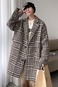 秋冬季中长款千鸟格呢料风衣男潮流宽松西装领外套A071-F05-P120，男装风衣，电商A071