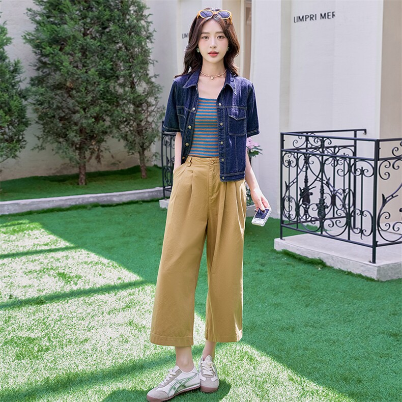 时尚牛仔套装女2025夏季淡人条纹洋气减龄小个子工装阔腿裤三件套,女装套装/套裙,铭街依杨
