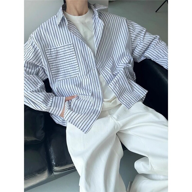 杭州现货时尚竖条纹廓形宽松白衬衫ins男休闲经典款复古百搭衬,男装衬衫,星座218-1（原230）