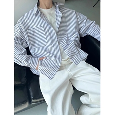 杭州现货时尚竖条纹廓形宽松白衬衫ins男休闲经典款复古百搭衬，男装衬衫，星座218-1（原230）