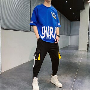 夏季短袖套装男休闲运动九分裤套装T恤宽松上衣F162P75图片