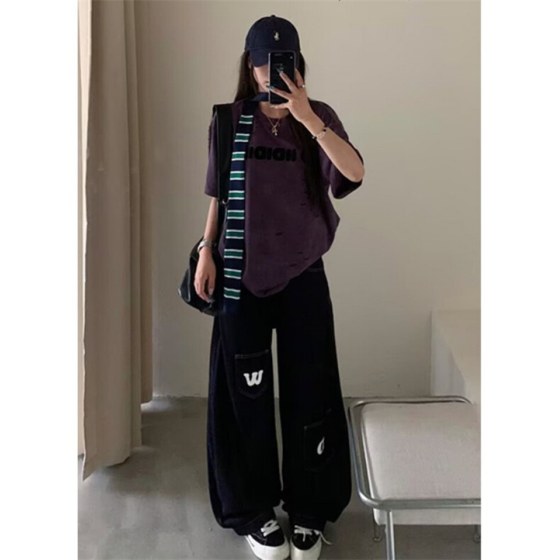 原色口袋字母弯刀牛仔裤男女款多口袋宽松休闲垂感阔腿裤NH8048,男装牛仔裤,星座1116A（原606A-3）