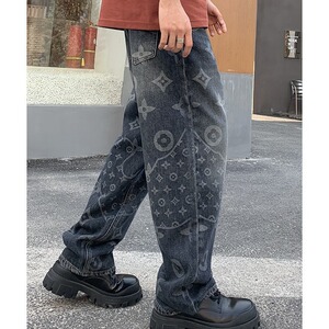 满印提花牛仔裤男秋季美式高街直筒宽松阔腿潮牌痞帅炸街裤子图片