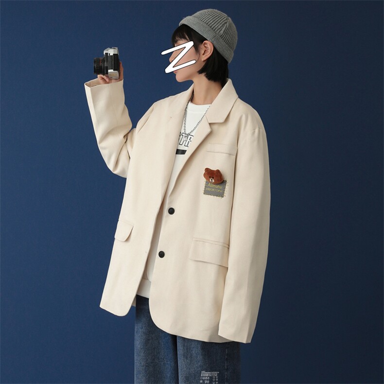 小熊胸针外套男西服秋冬刺绣麂皮绒网红炸街宽松西装mj404-p100,男装西服,电商B288