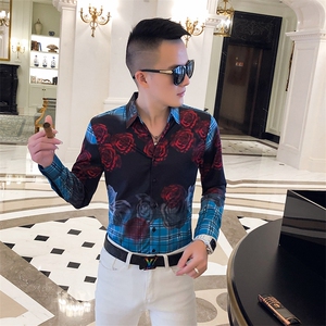 2021春秋衬衫社会男长袖上衣印花男装韩版修身四季潮流衬衣Q848-P55图片