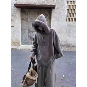 美式复古连帽针织衫外套可拆卸毛领老钱风慵懒感宽松毛衣ML04 P75图片