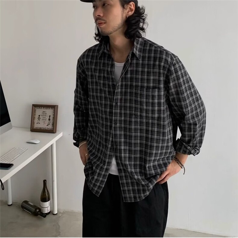 美式复古黑格子长袖衬衫男女春秋季慵懒风宽松休闲垂感衬衣薄外套,男装衬衫,星座1210-1