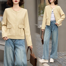 2025春秋季新款高级感质感长袖短款圆领pu皮衣夹克欧美时尚外套女，女装皮衣，美拉德工厂直营店