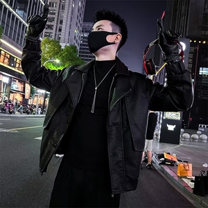 网络图现货韩版男款潮牌痞帅高级感大翻领皮衣夹克外套JJ394-P70,套头毛衣搭配绿色图片
