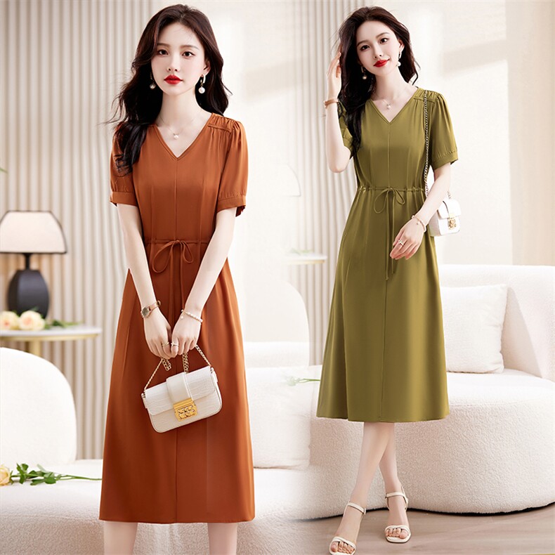 高级感短袖连衣裙女夏季2023新款小个子修身显瘦V领优雅气质裙子，女装连衣裙，鑫鑫美