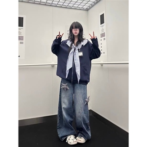 时尚气质简约百搭ins新款流行拼接假两件拉链卫衣原宿文艺潮流图片