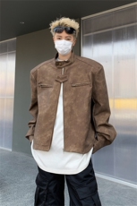 美式复古做旧棕色机车服皮衣外套男春秋小众设计感短款垫肩夹克衫，男装夹克，星座505-2（原电商A260-1)
