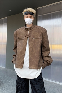 美式复古做旧棕色机车服皮衣外套男春秋小众设计感短款垫肩夹克衫图片