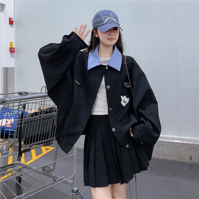 美式复古撞色翻领短款外套女2025秋季新款时尚小个子百搭夹克上衣图片