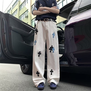 白色十字架贴皮牛仔裤男女微喇直筒ins宽松阔腿拖地弯刀长裤嘻哈图片