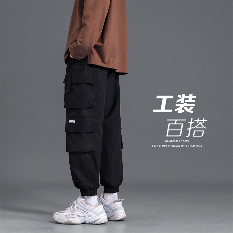 港风春秋装百搭工装裤束脚刺绣多口袋机能九分休闲裤男K53-P35图片